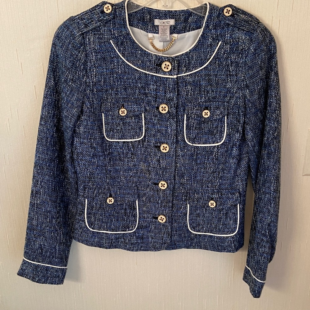 Cache Blue Tweed Blazer with White Accents